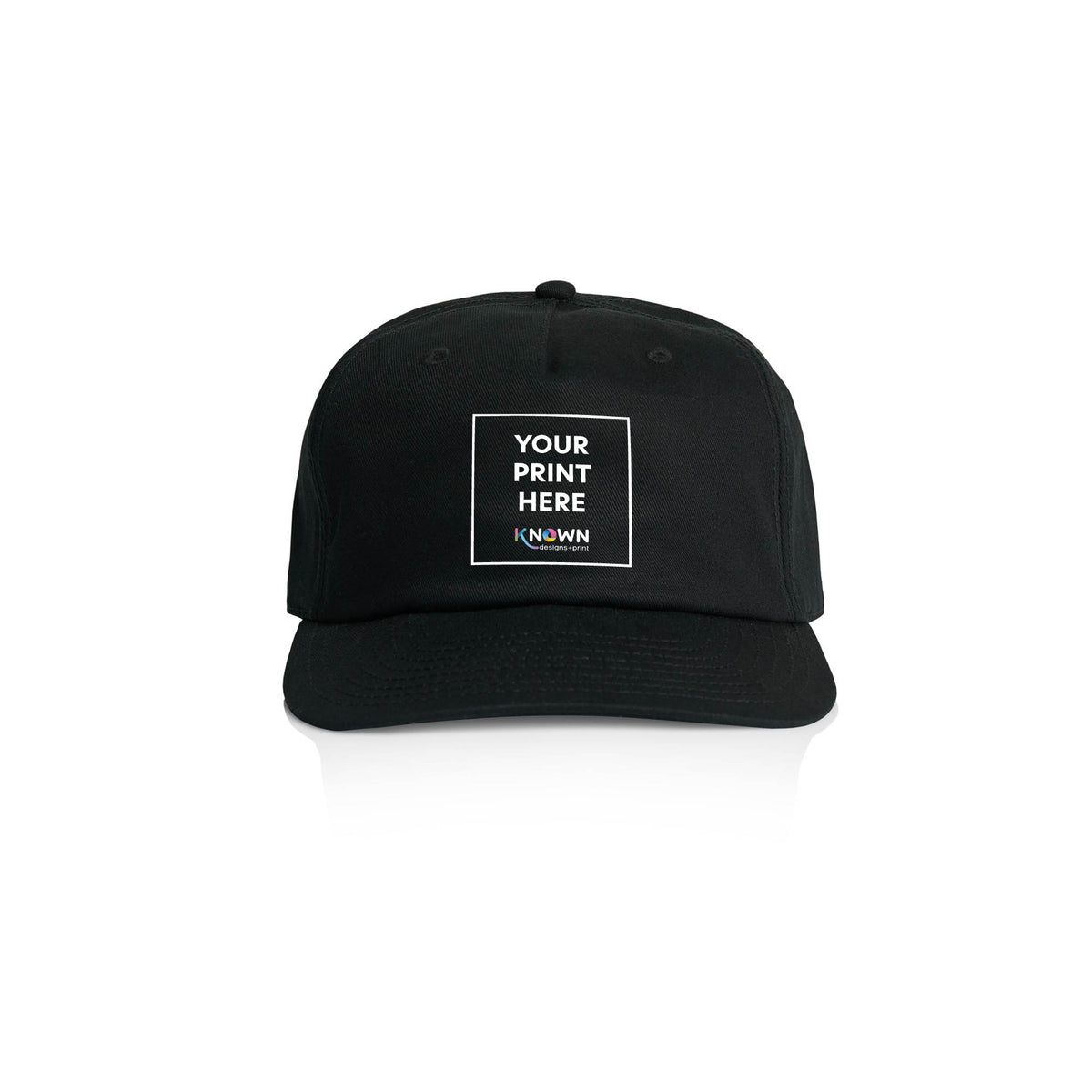 Cap (Class Five Panel Cap - AS Colour) black with example of logo design